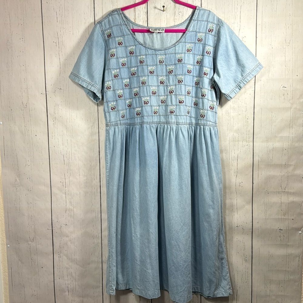 Sante Vintage Denim Midi Dress 1X Embroidered Bows & Floral Cottagecore